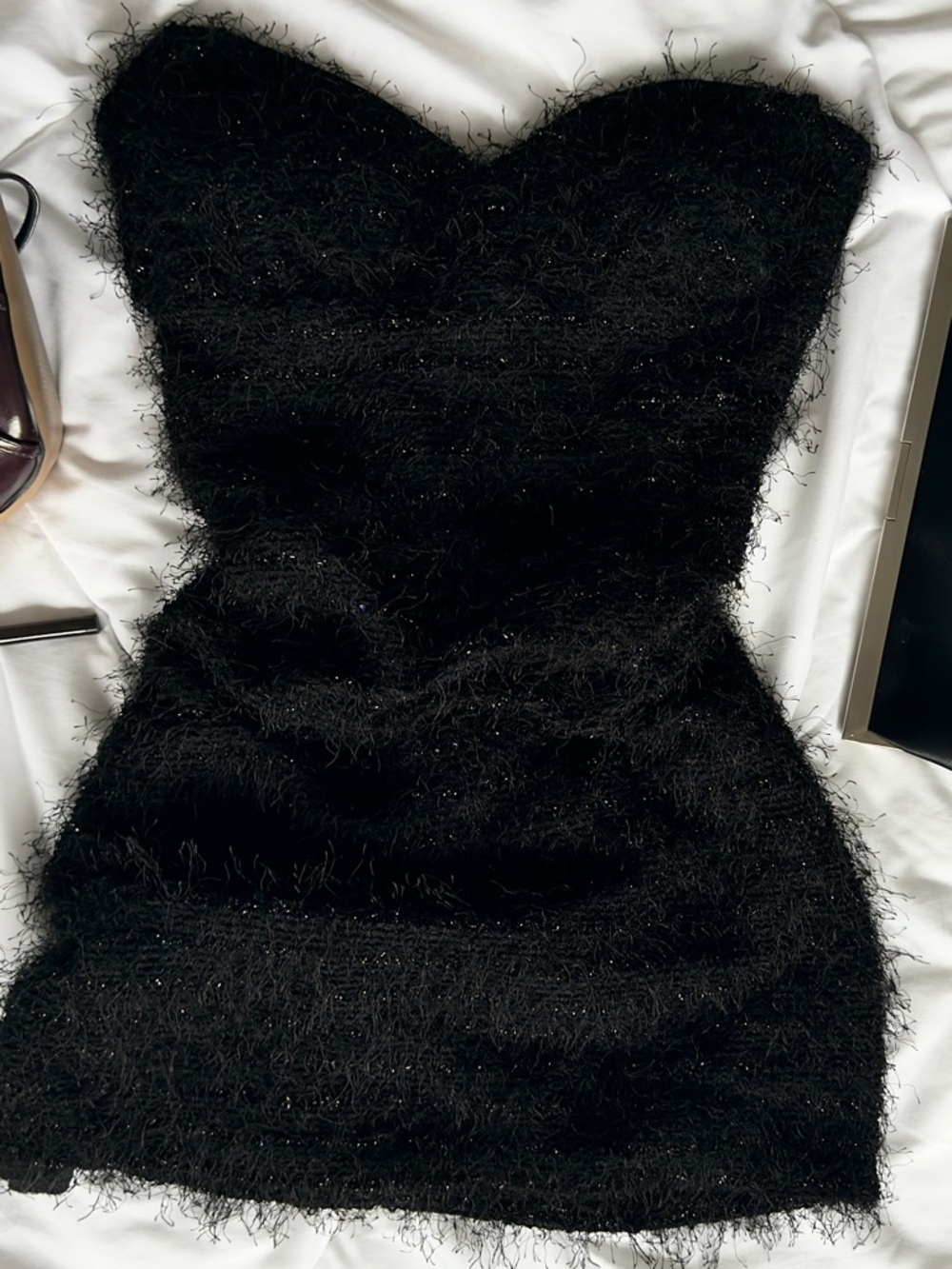 • vintage fuzzy textured strapless bodycon mini dress with glitter accent •